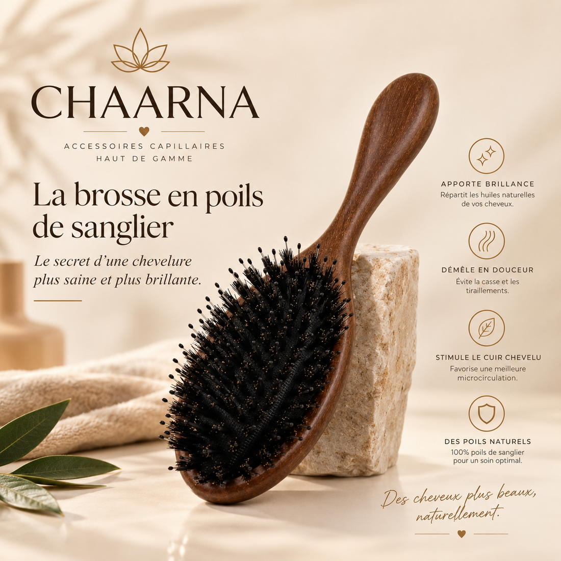 Brosse à cheveux en poils de sanglier CHAARNA, brosse en bois de santal en arrière-plan