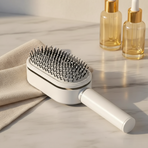 Brosse démêlante auto-nettoyante CHAARNA vue de trois quarts