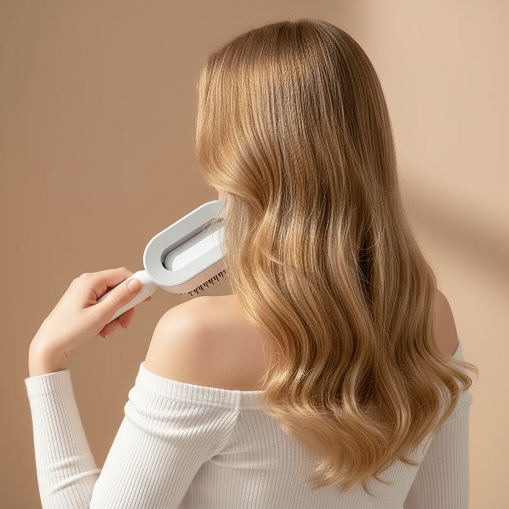 Femme utilisant la brosse démêlante auto-nettoyante CHAARNA