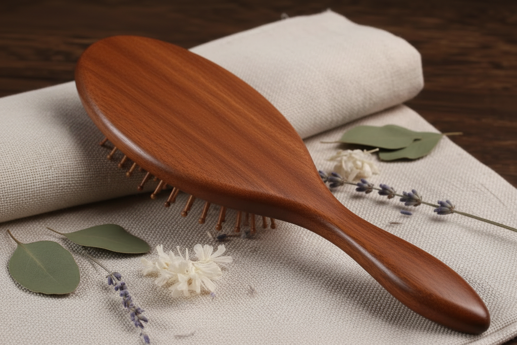 Brosse à cheveux en bois de santal CHAARNA gros plan sur le dos en lin