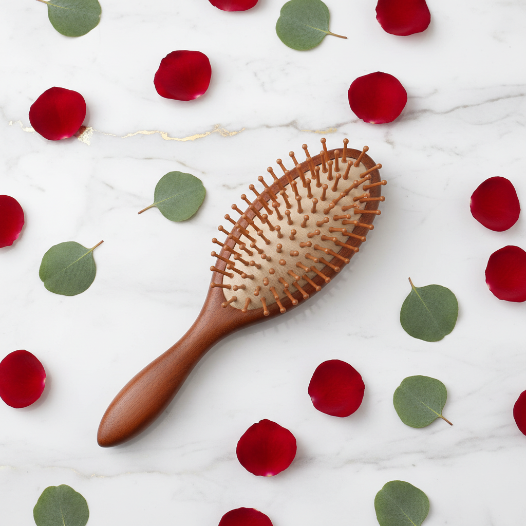 Brosse à cheveux en bois de santal CHAARNA posée sur marbre doré