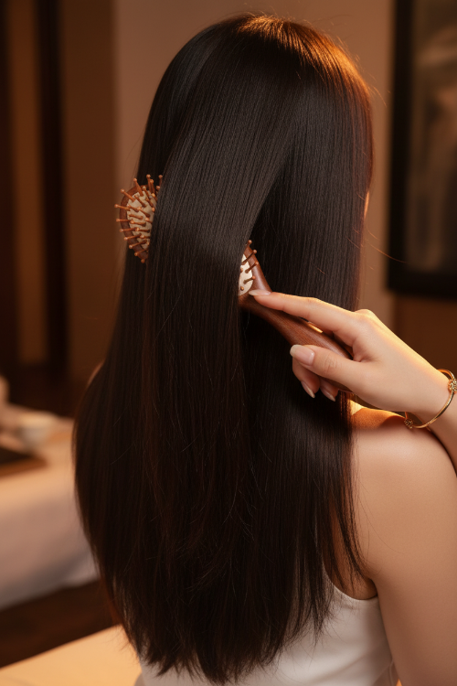 Brosse à cheveux en bois de santal CHAARNA tenue en main