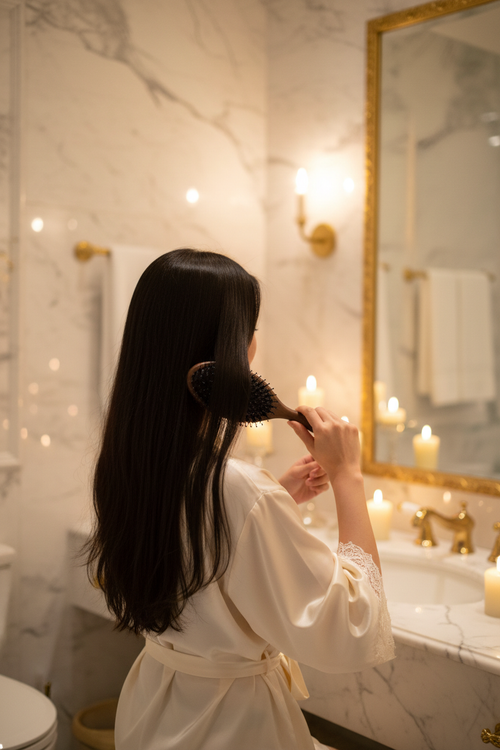 Brosse à cheveux en poils de sanglier CHAARNA dans une salle de bain
